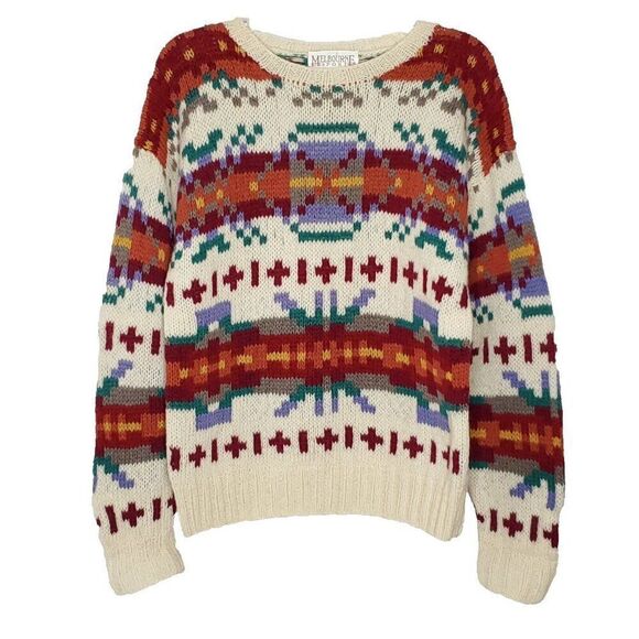 Vintage 80s Melbourne Wool Sweater S Red Orange Blue Geometric Aztec Southwest - Picture 1 of 5
